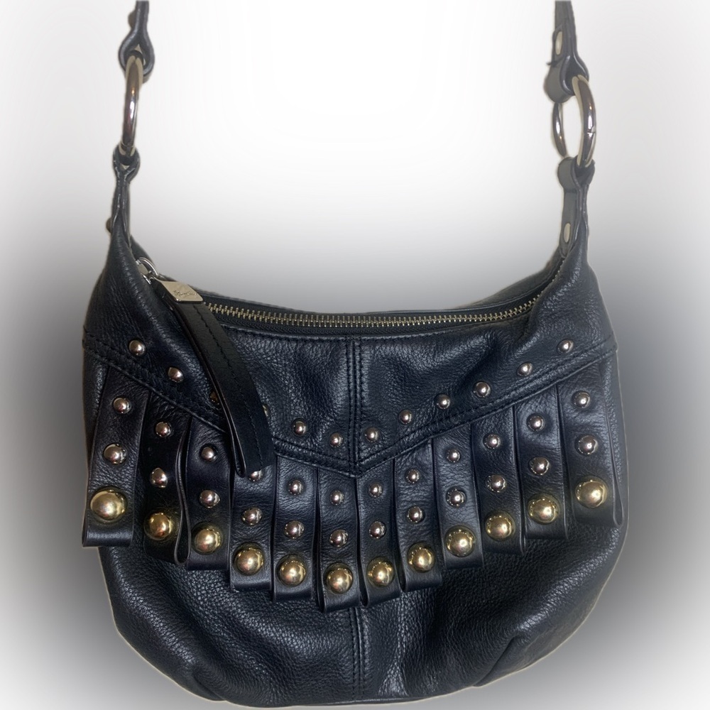 b. makowsky Black Leather Studded Fringe Shoulder Bag with Gold Hardware
